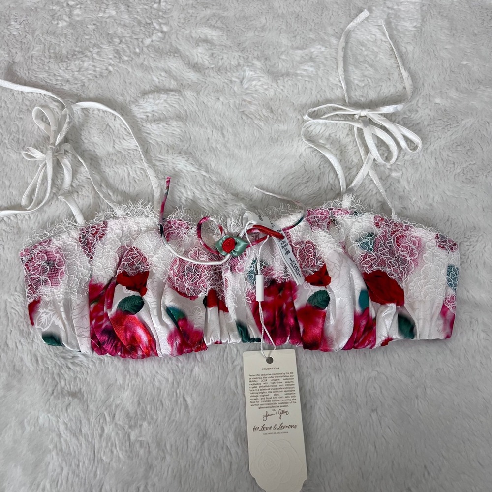 For Love & Lemons Holiday 2024 Rose Floral Lace Bralette Top White Red Small NWT